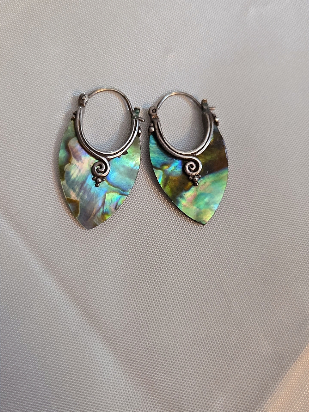 Sterling Silver Abalone Shell Teardrop Hoop Earrings - Iridescent Green - Picture 1 of 4